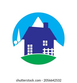vector of a beautiful house with a hill and 2 trees in the background, a blue sky, a green lawn and a sweet fence. can be used for a business logo for home and garden repair and construction services