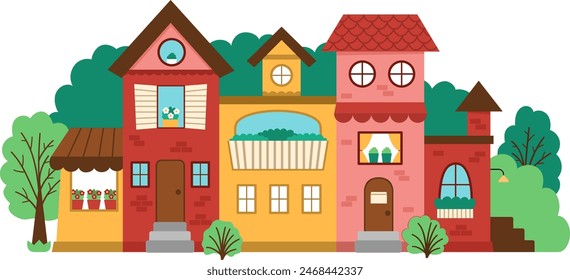 Vector beautiful house surrounded by garden. Residential building line illustration. Cute cottage with flowers. Funny little country, town or city icon with roof, walls, shutters
