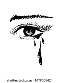 Vector beautiful illustration with crying eye. Black illustration. Women's watery eyes. Eyes with flowing mascara on isolated background.
