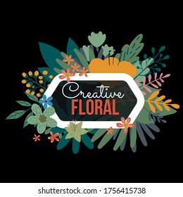 Vector beautiful illustration of floral template with berry and exotic leaves around frame on black background. Flat style romantic nature design of flower poster, greeting card, spring sale label