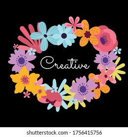 Vector hermosa ilustración de plantilla floral con marco floral sobre fondo negro. Diseño de naturaleza romántica de estilo plano del afiche de flores, tarjeta de saludo, etiqueta de venta de temporada de primavera, invitación