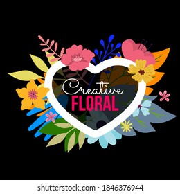 Vector hermosa ilustración de la plantilla floral con flor floral marco cardíaco sobre fondo negro y texto