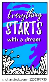 Vector beautiful illustration with frame on blue background. Line art style design with motivational message for card, web, site, poster, invitation
