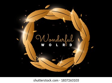 Vector beautiful illustration of golden color magic feather wreath with glitter and sparkle on dark background. Flat style design with word for wedding card, valentine day poster, greeting card