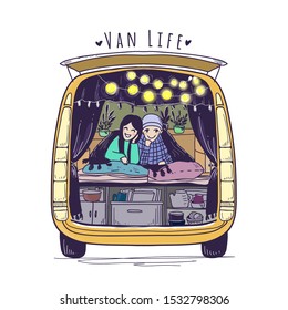 Vector beautiful illustration. Life is on the road. Van life. Minimalism. Caravan