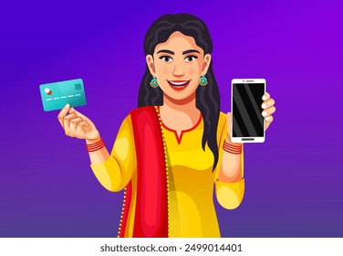 Vector of a beautiful Indian lady holding plastic credit card showing smartphone advising online payment isolated over background. Using mobile phone, hold credit bank card