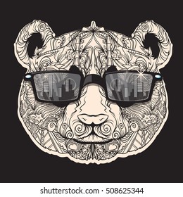 Vector beautiful Indian panda with styles glasses on face. Black and white vintage version. Isolated on dark background. Can be use for cards, prints or poster.