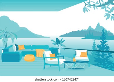 Vector, Beautiful Interior Country House Terrace. Large Balcony or Terrace Overlooking Mountain Lake and Spruce. Wooden Floor There Corner Sofa with Pillows, Armchairs and Round Table.