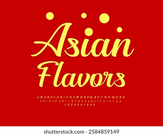 Vector Beautiful label Asian Flavors. Stylish Cursive Font. Handwritten Alphabet Letters and Numbers set.