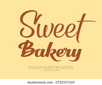 Vector Schönes Label Sweet Bakery. Kursive braune Schrift. Mode Calligraphic Alphabet Buchstaben und Zahlen Set