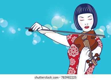 Vector Beautiful Lady Chinese playing the violin on light blue background.