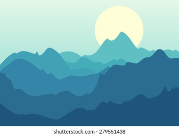 Vector beautiful landscape, blue mountains and sunrise. Nature background template with place for text.