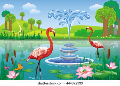 Vector beautiful landscape with flamingos and a fountain on the background of the river