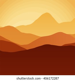 Vector beautiful landscape, mountains, sunset, sunrise. Nature vector illustration. 