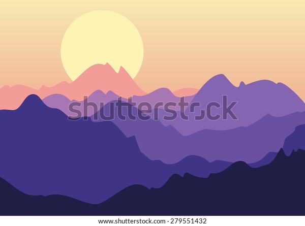 Vector Beautiful Landscape Purple Sunset Mountains Stock Vector ...