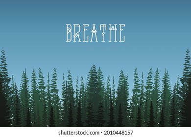 Herrliche Landschaft mit hohen Kiefern. Text des Atmens.