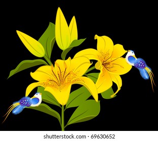 Vector Beautiful Lily with little bird