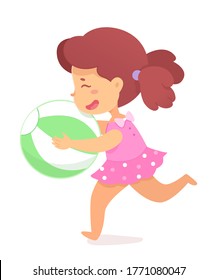 Vector beautiful little girl with inflatable rubber ring. Cute child character having fun, enjoying summertime active rest and leisure on beach. Young swimmer running isolated on white background