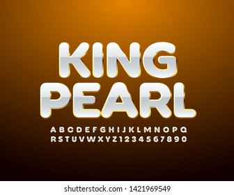 Vector Beautiful Logo King Pearl. White And Golden Uppercase Font. Elite Alphabet Letters And Numbers