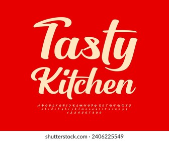 Vector beautiful logo Tasty Kitchen. Modern Calligraphic Font. Creative Alphabet Letters and Numbers set.