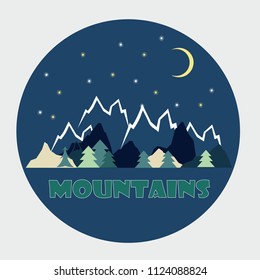 vector beautiful logotype travel trip on nature in the mountains on a night background with stars and month and forest with trees with text