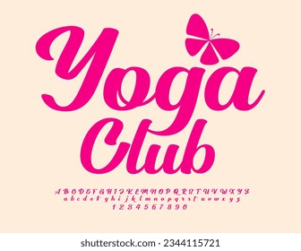 Vector hermoso logotipo Yoga Club. Fuente caligráfica de moda. Juego de letras y números decorativos de alfabeto