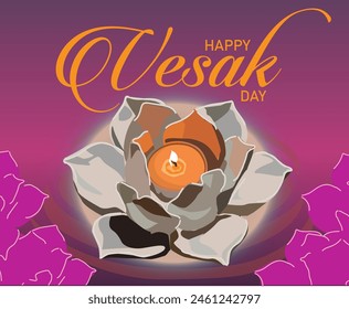 vector beautiful lotus flowers blooming lit candles on river water purple background happy vesak dayvector beautiful lotus flowers blooming lit candles on river water purple background happy vesak day