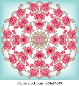 Vector Beautiful Mandala Roses Background. Floral Seamless Pattern with many details