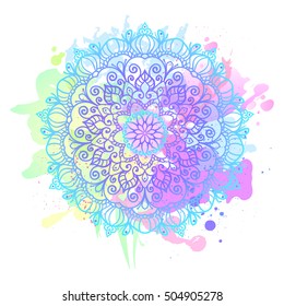 Vector Beautiful Mandala. Vintage decorative element. Ethnic round ornament. Colorful watercolor blobs