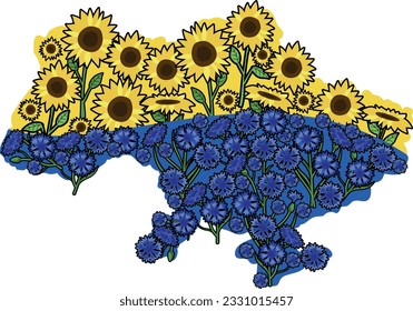 Vector beautiful map of Ukraine with sunflower and cornflower flowers.
