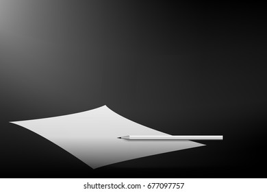 vector beautiful monochrome, white paper with pencil for write letter on dark background