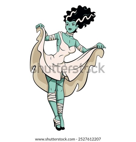 Vector Beautiful Monster Bride Cartoon Pin Up Retro Style Illustration Isolated