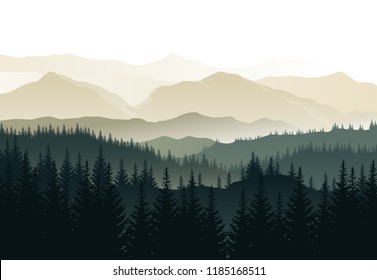 Vector beautiful morning landscape with misty green forests and mountains