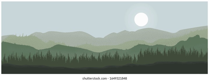 Vector beautiful morning landscape with misty green forests and mountains in the mist or fog,pine tree and soft sun light.Image with noise and grainy.