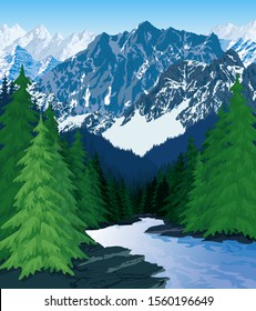 vector beautiful mountains forest landscape with river