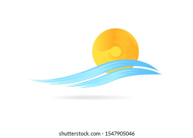 vector beautiful natural style of life icon. orange sun, blue wave, sea symbol paint brush stroke style trendy modern illustration.