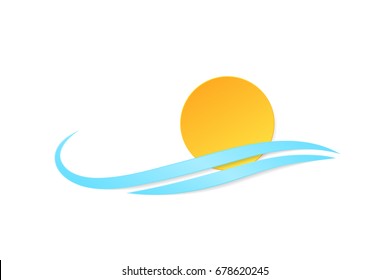 vector beautiful natural style of life icon. orange sun, blue wave, sea symbol paper style trendy modern illustration. 