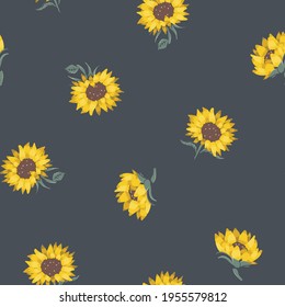 Vector Beautiful Natural Sunflowers on Dark seamless pattern background. Perfect for fabric, scrapbooking and wallpaper projects.