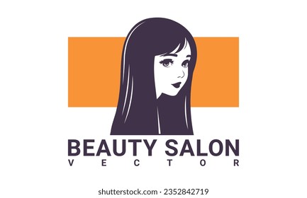 Vector beautiful nice cute brunette girl with long hair. Orange rectangle. Lettering, beauty salon. Label or logo. White isolated background.