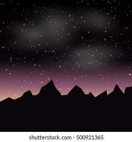 Vector Beautiful night landscape with stars and silhouette mountain