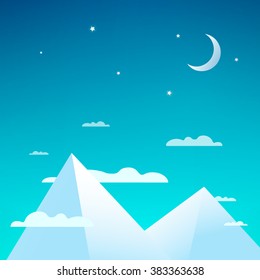 Vector beautiful night with snowy mountains. Mountain peaks with clouds, bright stars and the moon.