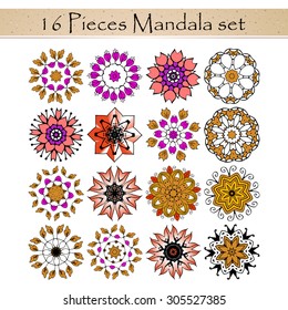 Vector beautiful ornamental 16 rosettes set. For ethnic or tattoo design.
