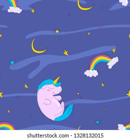 Vector beautiful pattern with cute sleeping unicorn in the sky, surrounded by clouds, rainbows and stars