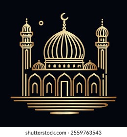 Vector beautiful pattern illustration of gold mosque silhouette with a large dome, minarets and an arched entrance. Isolated islamic mosque pattern on black background. Ornate decorative design.