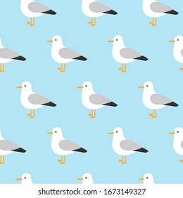 Vector Beautiful Pattern With Seagulls. Sea Gull, A Beautiful Bird. Cute Bird In Cartoon Style.