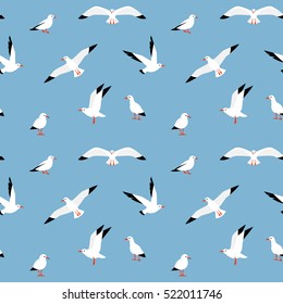 Vector beautiful pattern with seagulls. Sea Gull, a beautiful bird. Cute bird in cartoon style. Sea seamless pattern.