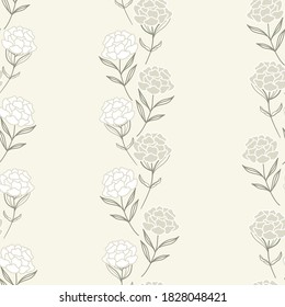 Vector Beautiful Peony Stripes in Light Creme seamless pattern background.
