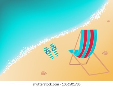 Vector beautiful picture with summer sea beach with sun lounger and Slippers on the sand, top view