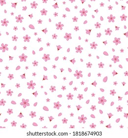 Vector beautiful pink cherry blossom flowers and petal seamless pattern background on white surface. Great use for fabric, wallpaper, giftwrap, home decor items, wellbeing etc.