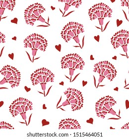 Vector beautiful pink flower with red hearts seamless pattern background